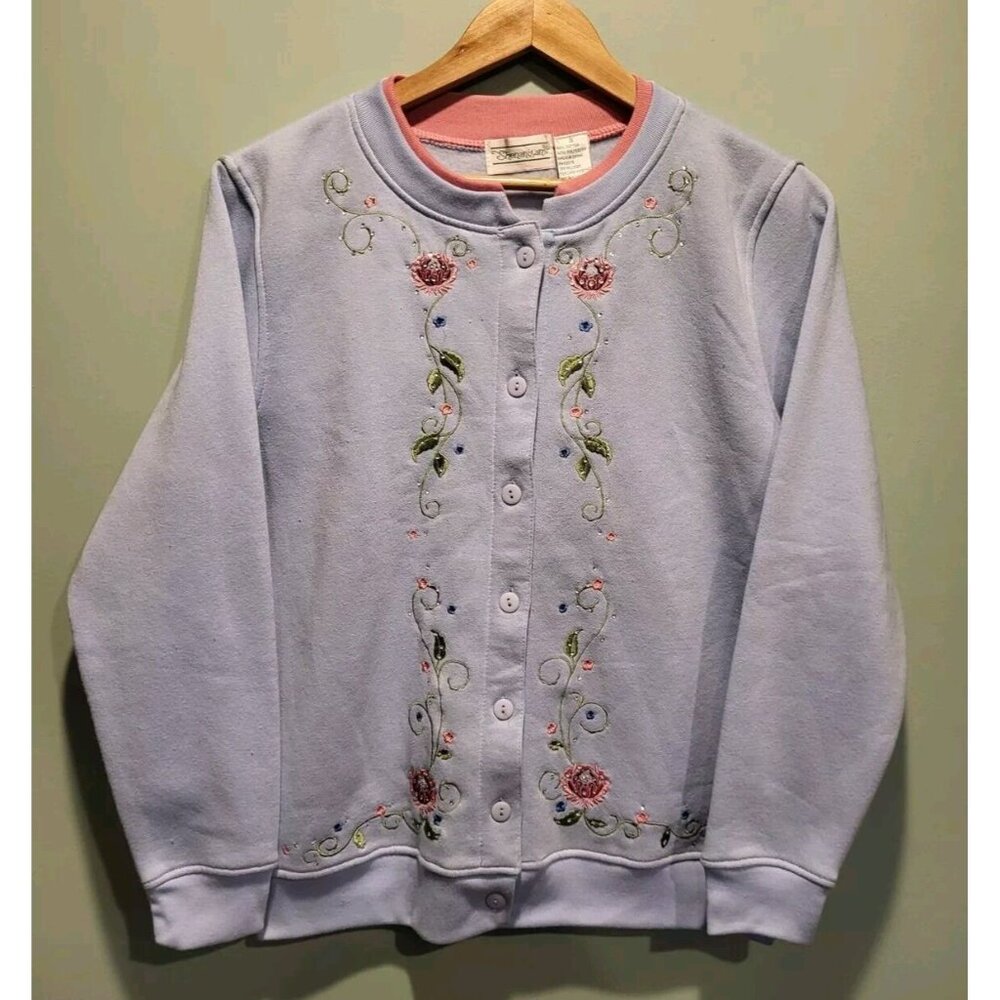 Vtg Shenanigans Lt Blue Pink Floral Embroidered Cardigan Sweatshirt Sz S Mature